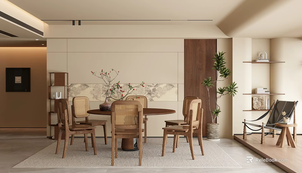Modern Restaurant Interior With Round Wooden Table Rattan Chairs Plant And Wall Art 3d model 