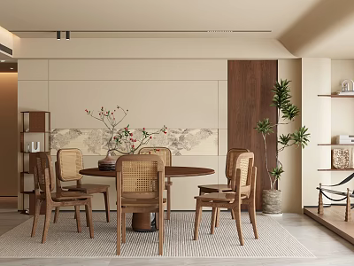 Modern Restaurant Interior With Round Wooden Table Rattan Chairs Plant And Wall Art 3d model