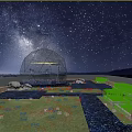 Rooftop Garden Featuring Transparent Dome Structure Starry Night Sky Lawn Lighting And Mountain Backdrop