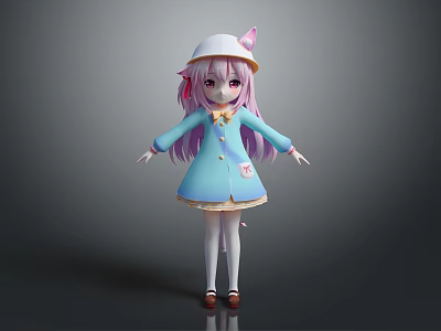 Game Anime Character With Pink Hair Cat Ear Hat Blue Coat And White Stockings 3d model