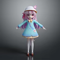 Game Anime Character With Pink Hair Cat Ear Hat Blue Coat And White Stockings