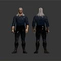 White Haired Warrior Character Front and Back View With Blue Shirt Dark Pants Holding Sword