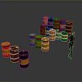 Household Supplies Including Various Colored Oil Drums With Person Silhouette Nearby
