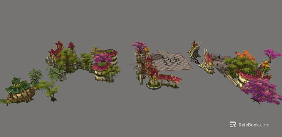 Fantasy Themed Landscape With Colorful Trees Pavilions Towers And Chessboard Ground 3d model 
