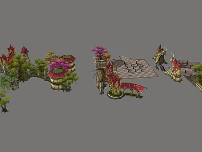 Fantasy Themed Landscape With Colorful Trees Pavilions Towers And Chessboard Ground 3d model