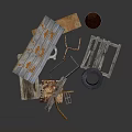 Rusty Metal Items Old Wooden Boards With Discarded Parts Barrel Wheel And Debris