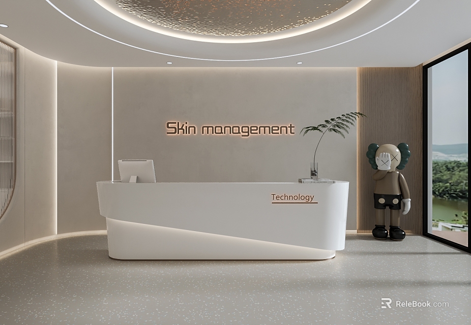 Modern White Skin Management Shop Front Desk With Potted Plant Sculpture Large Window And View 3d model 