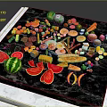 Assorted Fresh Foods Display With Fruits Vegetables Meats And Cheeses On Black Slab