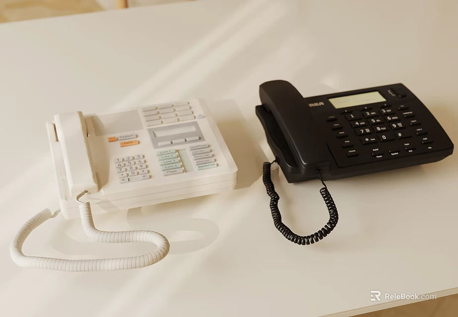 White And Black Landline Telephones With Keypad On White Office Desk 3d model 