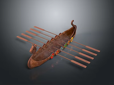 Decorative Wooden Boat Featuring Carved Bow Multiple Wooden Oars And Colorful Circular Decorations 3d model