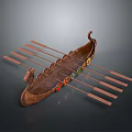 Decorative Wooden Boat Featuring Carved Bow Multiple Wooden Oars And Colorful Circular Decorations
