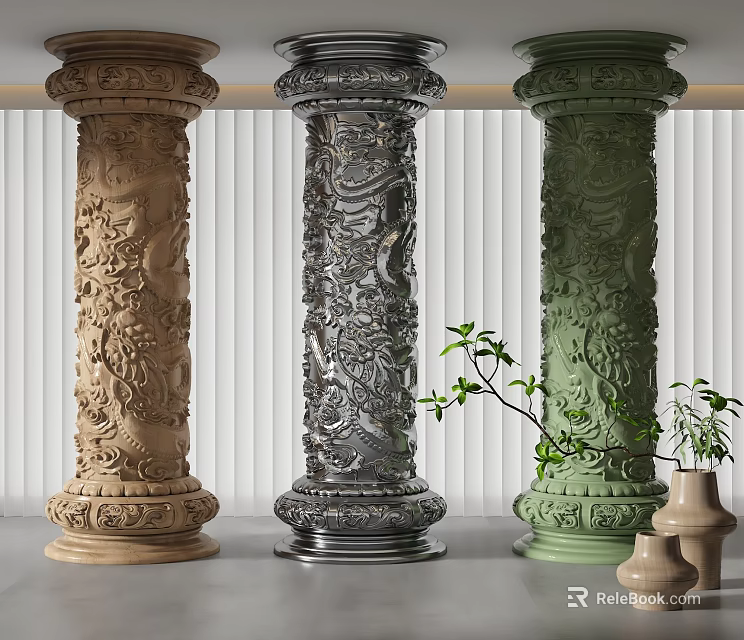 Ornate Decorative Columns In Various Colors With Intricate Carvings And Green Plants 3d model 