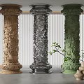 Ornate Decorative Columns In Various Colors With Intricate Carvings And Green Plants