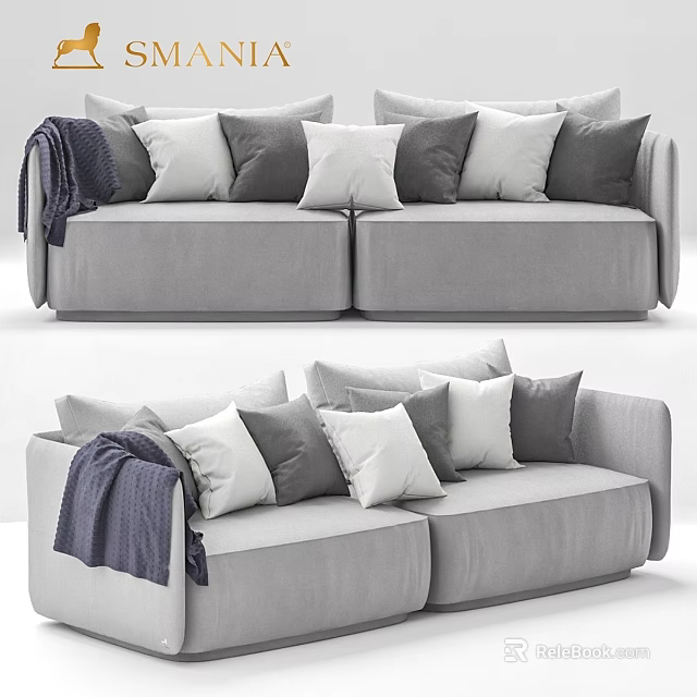 Gray Two Seater Sofa With Multiple Gray And White Pillows And Dark Blanket On Armrest 3d model