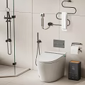 Modern Bathroom Interior With White Toilet Glass Shower Partition Tiled Walls And Toilet Paper Holder
