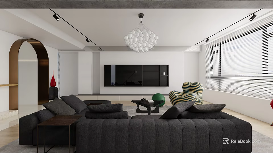Modern Living Dining Room Interior With Dark Sofa Chandelier TV Wall And Decorative Items 3d model 