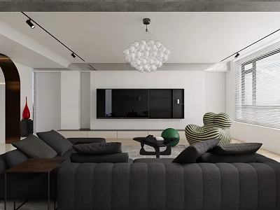 Modern Living Dining Room Interior With Dark Sofa Chandelier TV Wall And Decorative Items 3d model