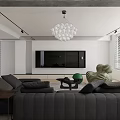 Modern Living Dining Room Interior With Dark Sofa Chandelier TV Wall And Decorative Items