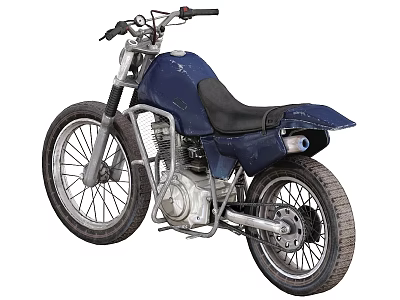 Blue Vintage Motorcycle With Worn Body Black Seat And Spoked Wheels 3d model