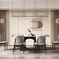 Elegant Modern Restaurant Interior With Round Dining Table Upholstered Chairs And Pendant Lights 3d model