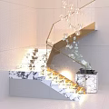 Black White Marble Staircase With Golden Railing Lit Steps And Glass Chandelier In Modern Interior