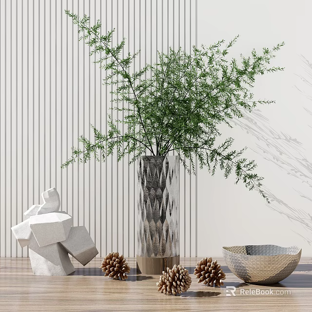 Transparent Diamond Patterned Vase With Green Foliage And Geometric Decor On Marble Countertop 3d model 