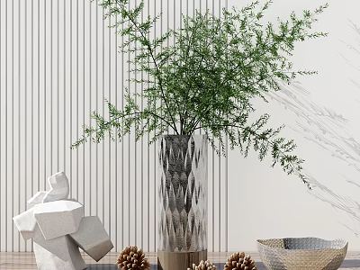 Transparent Diamond Patterned Vase With Green Foliage And Geometric Decor On Marble Countertop 3d model