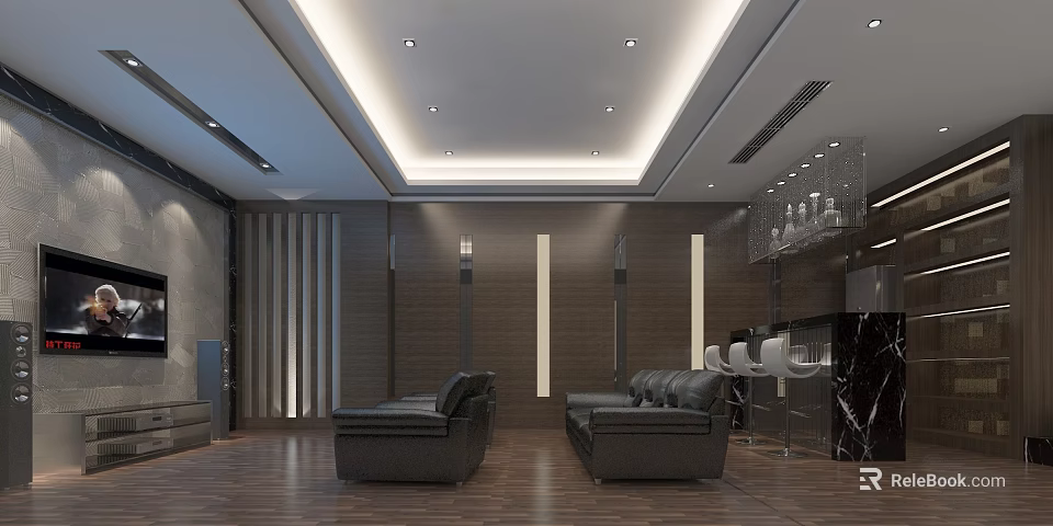 Modern Living Room With Black Leather Sofas Wooden Floors Vertical Striped Walls And Recessed Lighting 3d model 
