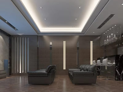 Modern Living Room With Black Leather Sofas Wooden Floors Vertical Striped Walls And Recessed Lighting 3d model