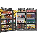 Snack Display Shelves With Multiple Layers Holding Various Packaged Snacks And Drinks