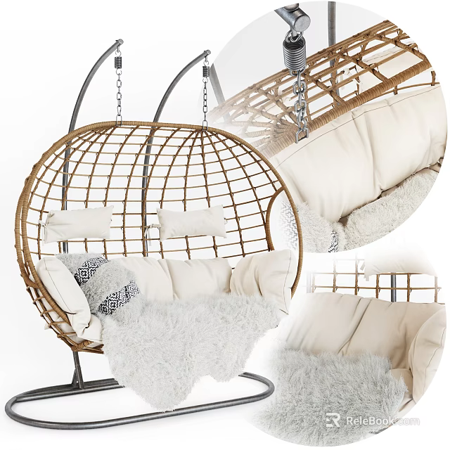 Cozy Wicker Hanging Chair With Round Frame White Cushions And Furry Blanket 3d model 