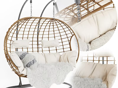 Cozy Wicker Hanging Chair With Round Frame White Cushions And Furry Blanket 3d model