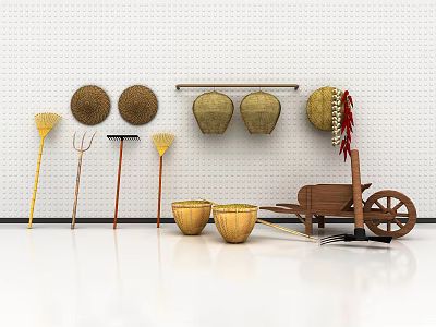 Garden Ornaments Display Featuring Wall Mounted Brooms Rakes Straw Baskets And Wooden Wheelbarrow 3d model