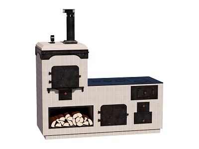 Vintage Wood Burning Stove With Chimney Oven Doors Firewood Storage Compartment And Countertop 3d model