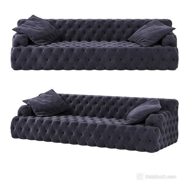 Navy Blue Tufted Double Sofa with Plush Pillows and Comfortable Design 3d model 