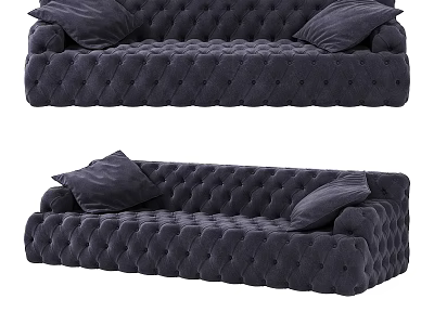 Navy Blue Tufted Double Sofa with Plush Pillows and Comfortable Design 3d model