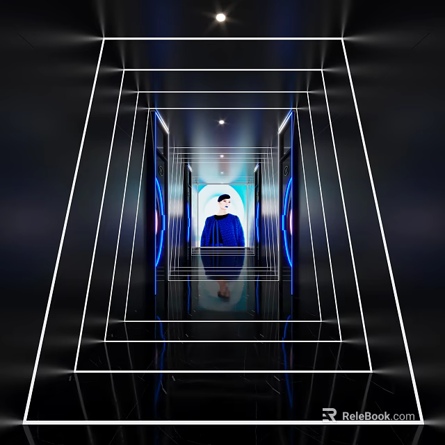 Modern KTV Interior Corridor Featuring Blue Neon Lights Geometric Lines And Reflective Floor 3d model 