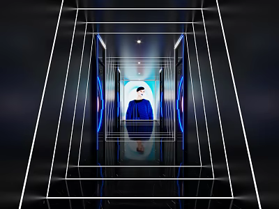 Modern KTV Interior Corridor Featuring Blue Neon Lights Geometric Lines And Reflective Floor 3d model