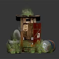 Cartoon Scene Showing Wooden Outhouse Red Door Grass on Roof White Toilet and Surrounding Logs