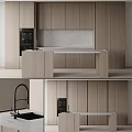 Modern Dark Wooden Kitchen Cabinets With Marble Countertop Built-in Oven Lighting