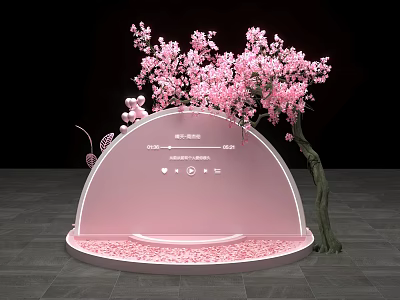 Pink Cherry Blossom Tree With Semicircular Installation And Scattered Petals 3d model