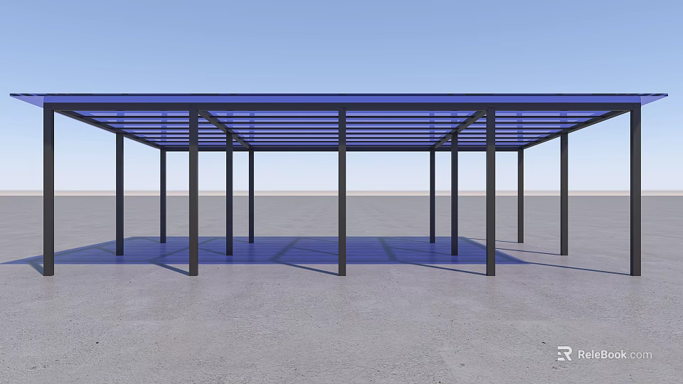 Outdoor Blue Canopy with Black Metal Frame and Multiple Support Pillars for Sunshade 3d model 