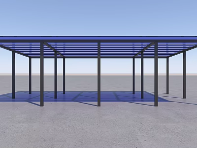 Outdoor Blue Canopy with Black Metal Frame and Multiple Support Pillars for Sunshade 3d model