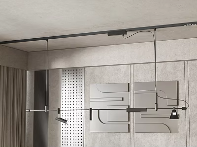 Linear Metal Pendant Light in Modern Minimalist Interior with Gray Geometric Wall Decor 3d model