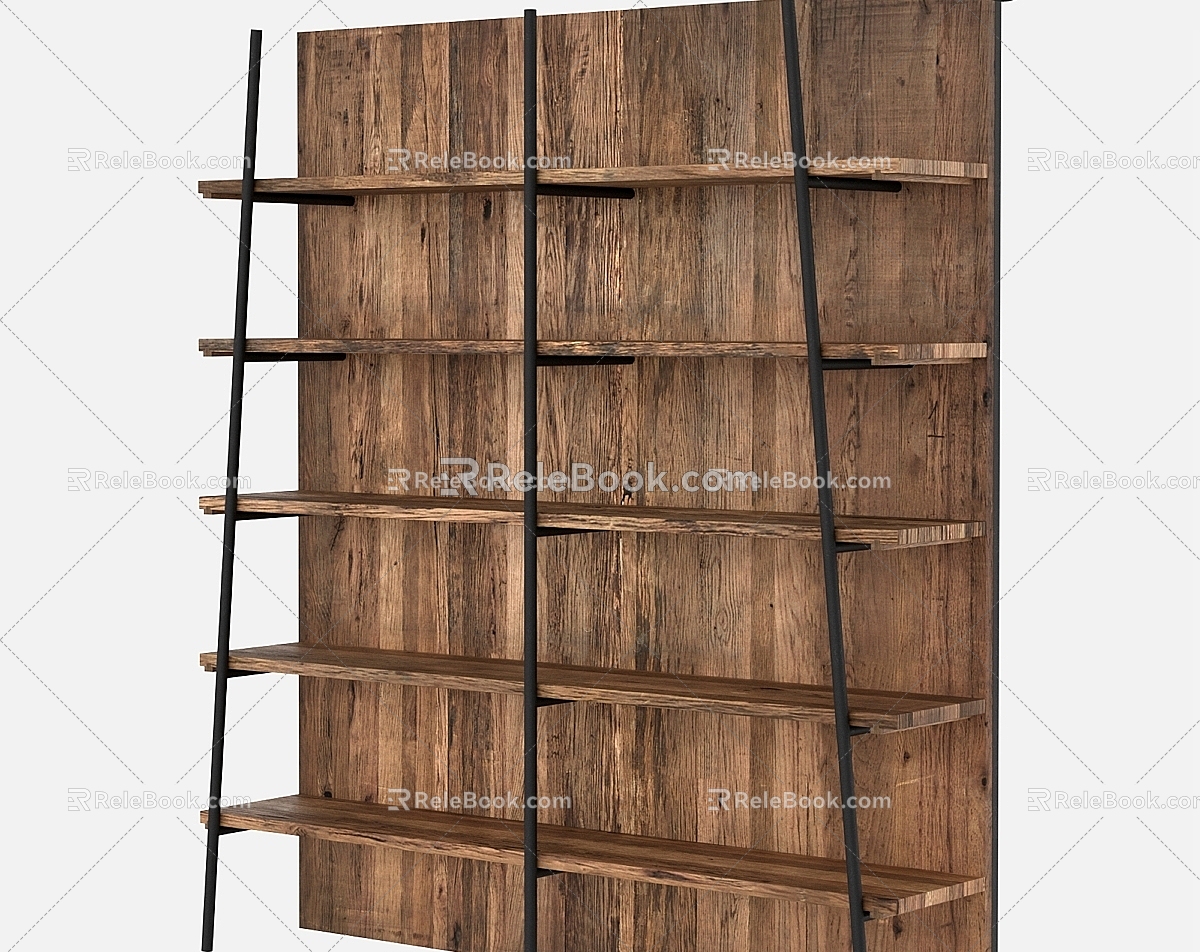 Industrial Style Bookshelf Log Iron Storage Rack Floor-to-Floor Wall Simple Solid Wood Living Room Multi-Layer Flat Board Storage Display Shelf 3d model