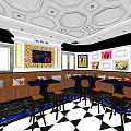 Modern KTV Interior With Comfortable Sofas Tables Chairs Stylish Ceiling Design Black White Checkered Floor 3d model