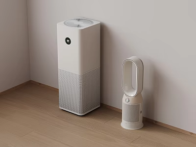 Minimalist Room Corner With White Air Purifier And Bladeless Fan 3d model