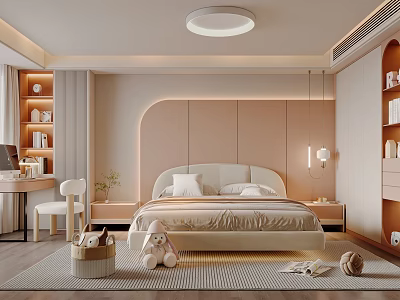 Cozy Beige Kids Room Interior With Soft Lighting Bed Desk Bookshelf Plush Toys And Carpet 3d model