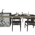 Modern Dining Table Set With Marble Patterned Counter And Wooden Chairs For Dining Room 3d model