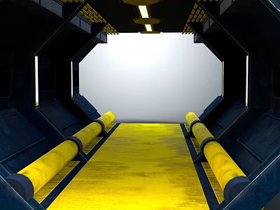 Cartoon Sci Fi Corridor Scene With Black Hexagon Structure Yellow Walkway Pipes And Ceiling Lights 3d model